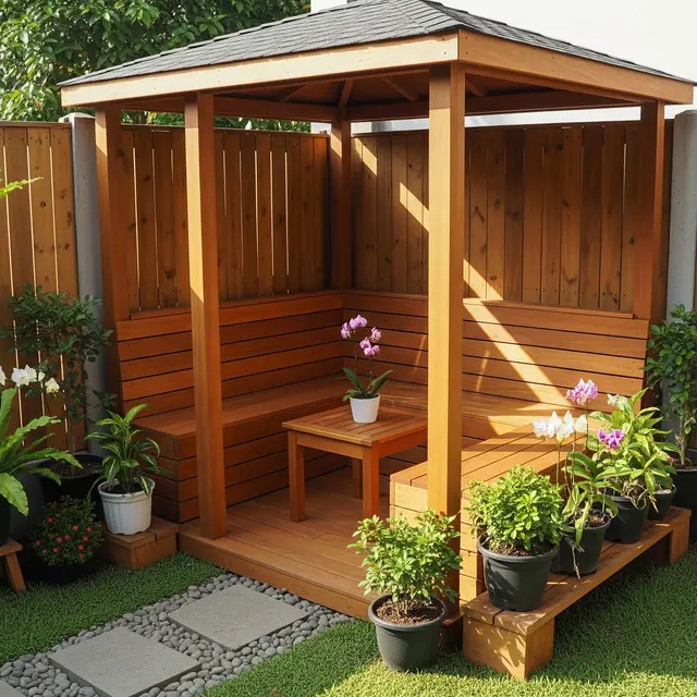 Gazebo Kayu Sederhana di Sudut Taman