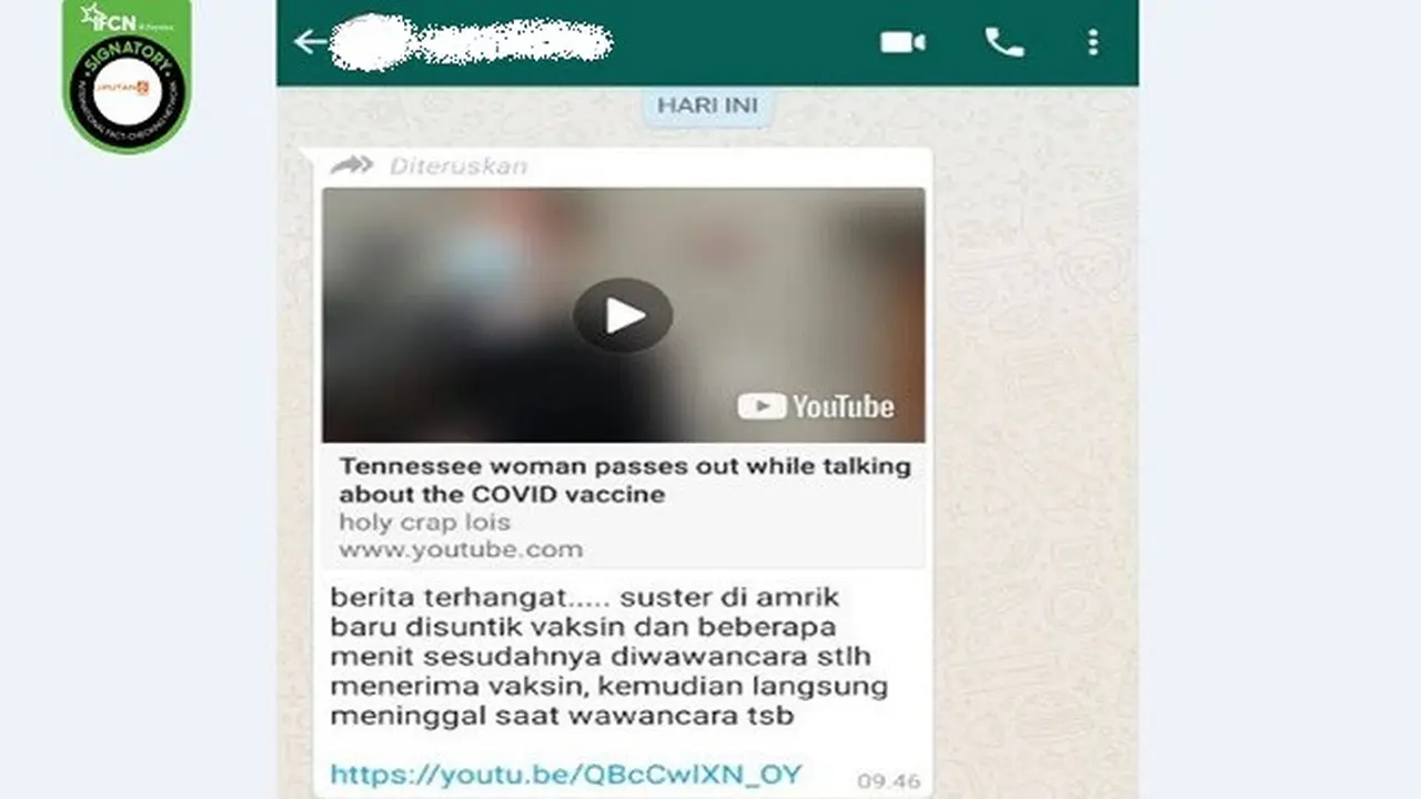 Gambar Tangkapan Layar Kabar Hoaks Seputar Vaksin Virus Corona Covid-19 (sumber: WhatsApp)