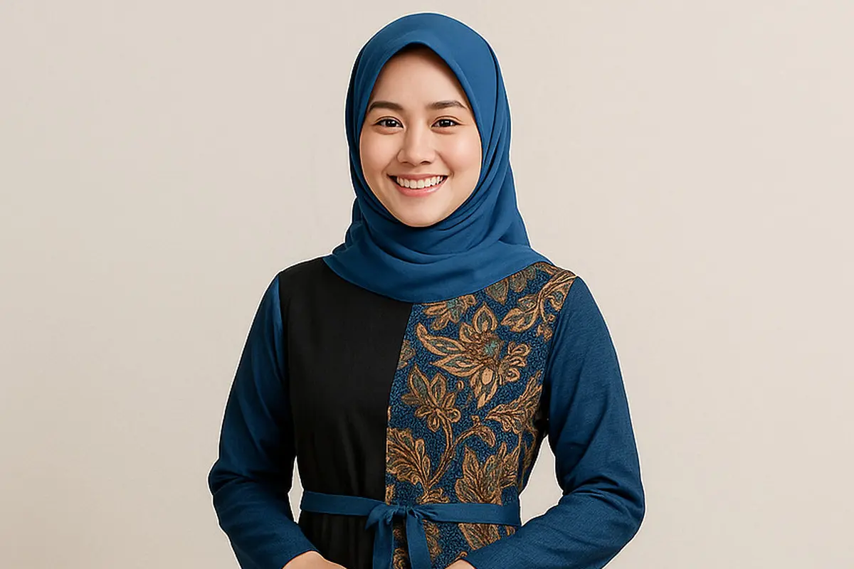 Dress Batik Kombinasi Kain Polos Warna Biru dan Hitam Modern/Ilustrasi AI