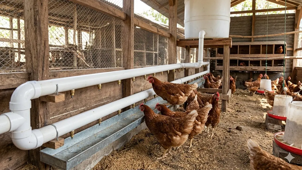 Kandang Ayam dengan Sistem Minum Otomatis (Foto: Gemini AI)