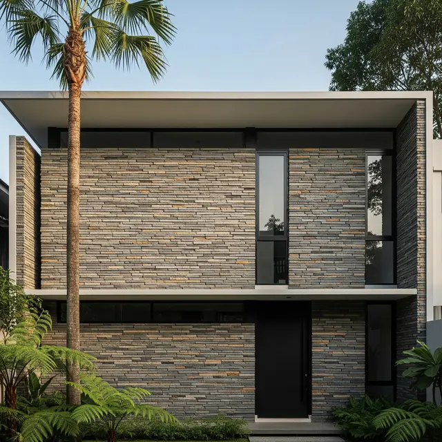 Model Rumah Minimalis Batu Alam Tampak Depan (Image by Gemini AI)