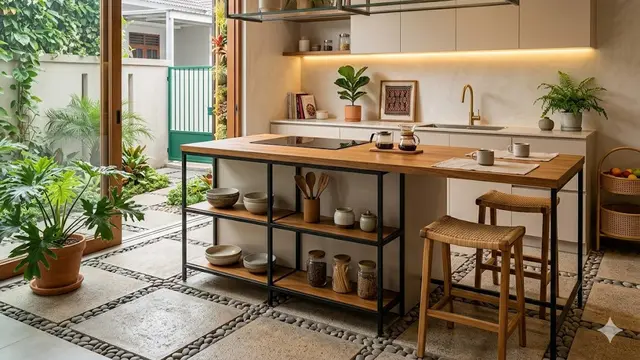 Desain Meja Dapur Baja Ringan dengan Permukaan Kayu Solid