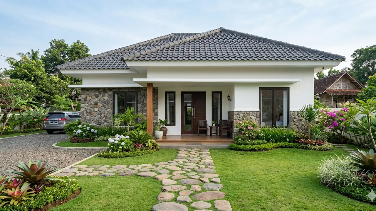 Contoh Rumah Desa dengan Kombinasi Batu Alam dan Atap Limas Modern yang Elegan. Gemini