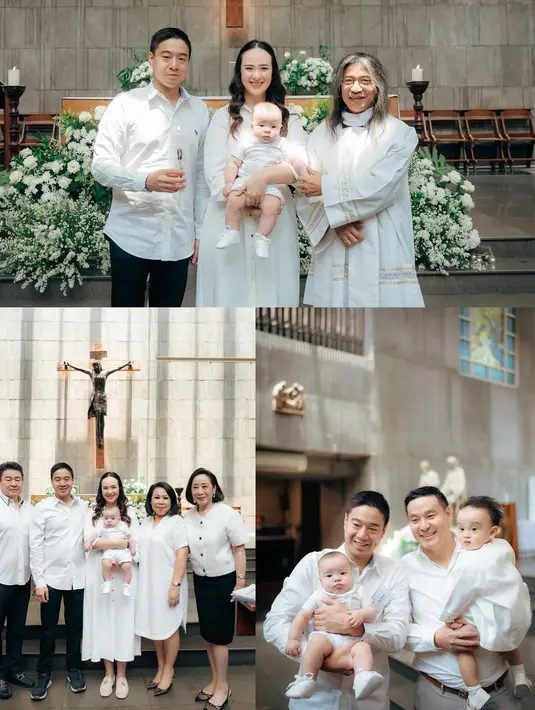 Potret kebersamaan Pamela Bowie, Armand Gunawan dan Baby Oliver bersama Uskup Gereja yang melakukan pembaptisan. Tidak menangis selama proses pembaptisan, ekspresi Baby Oliver di momen ini bikin gemas. Setelah pembaptisan kemudian dilanjutkan dengan sesi foto bersama dengan keluarga dan sahabat yang terlihat dalam unggahan lainnya Pamela Bowie. (Liputan6.com/IG/@pammybowie)