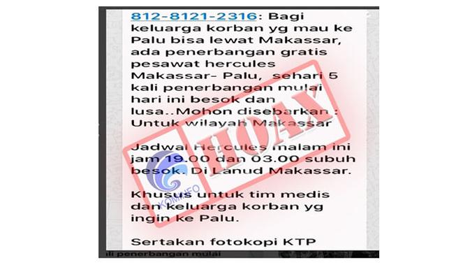 Informasi terkait penerbangan gratis dari Makasar menuju Palu gratis bagi keluarga korban.. (Doc: Kominfo)