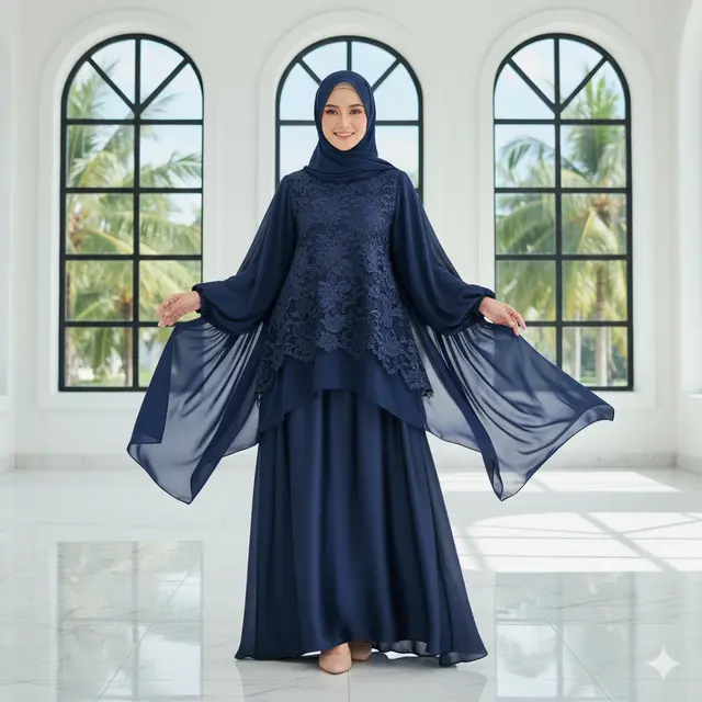 Wanita mengenakan abaya navy lengan balon (Gemini AI)