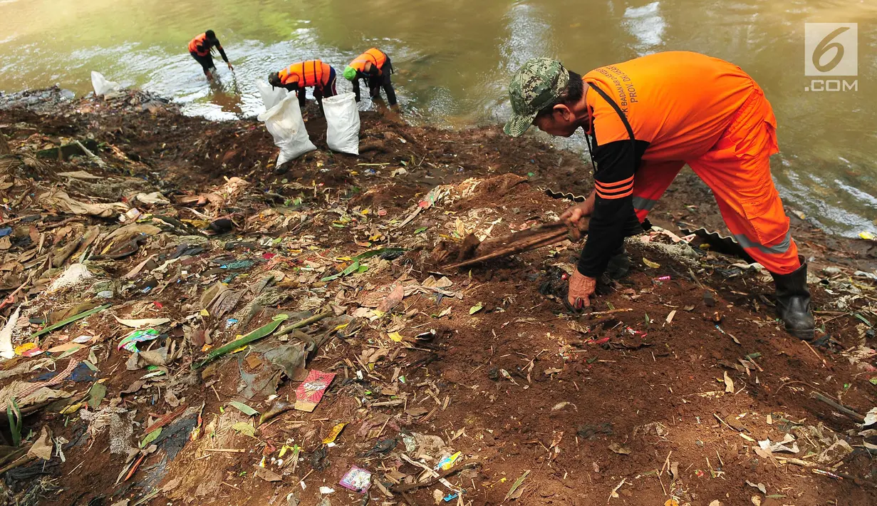 Sejumlah petugas PPSU atau pasukan oranye memunguti rumput liar dan sampah mengendap di tepi kali Ciliwung, Lenteng Agung , Jakarta, Sabtu (28/10). Hal tersebut dilakukan demi menjaga kebersihan kali Ciliwung. (Liputan6.com/Helmi Afandi)