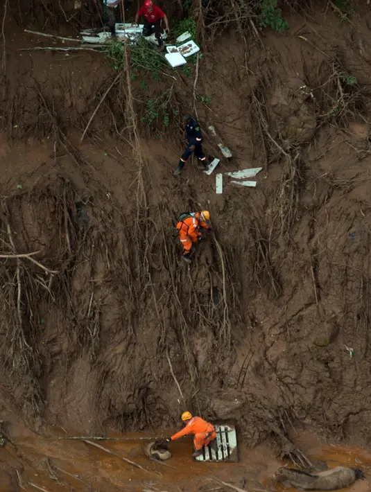 Pemadam kebakaran menuruni jurang saat akan berusaha menyelamatkan seekor kuda dan anaknya yang terjebak lumpur setelah sebuah bendungan limbah jebol di desa Bento Rodrigues, Brasil, Jumat (6/11). (AFP PHOTO / CHRISTOPHE SIMON)