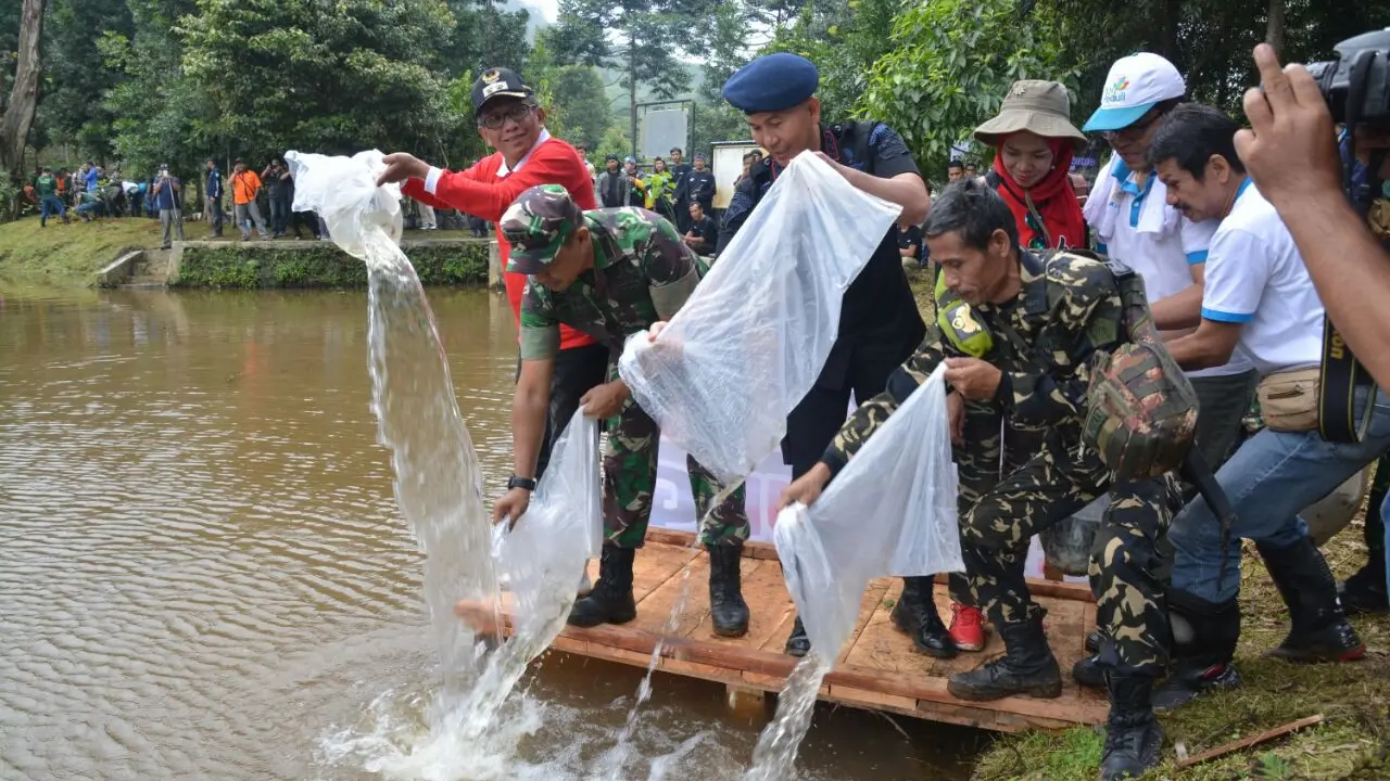 TNI bersama ratusan komunitas pecinta lingkungan dan alam melakukan normalisasi Telaga Saat yang menjadi hulu Sungai Ciliwung. (Liputan6.com/Achmad Sudarno)