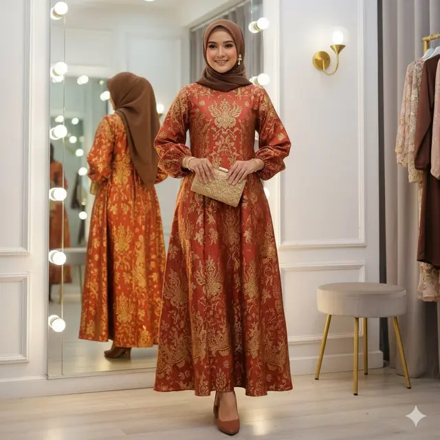 Gamis Satin Elegan Motif Parang Coklat Tua