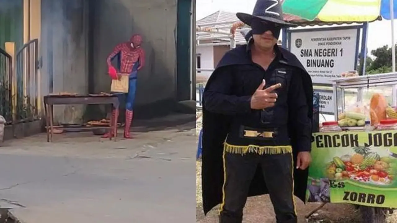 6 Potret Orang Dandan Superhero Jualan Makanan Ini Bikin Ngakak