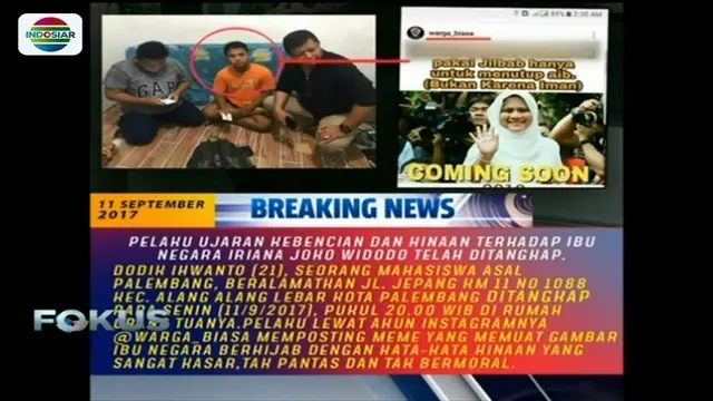Hina Iriana Jokowi, Pemuda Asal Palembang Ditangkap Polisi