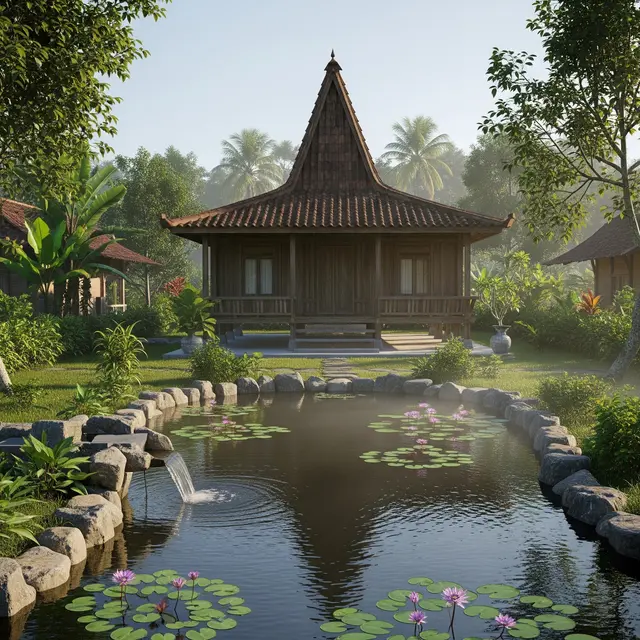 Contoh Rumah Sederhana di Desa dengan Suara Gemericik Air yang Menenangkan (Image by Gemini AI)