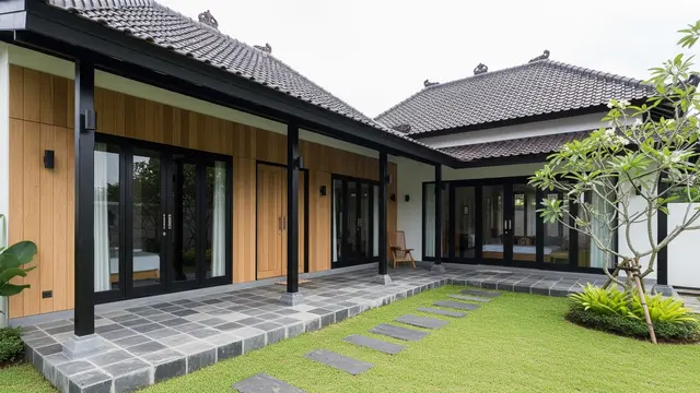 Rumah Kampung Kombinasi Batu Andesit dan Kusen Hitam (Gemini AI)