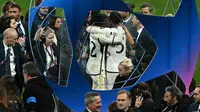 Jude Bellingham (kanan) merayakan sukses Real Madrid di ajang Liga Champions bersama rekan setimnya, Eduardo Camavinga hari Minggu (02/06/2024) dini hari WIB. (Ben Stansall / AFP)