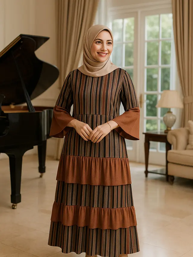 Model Gamis Lurik Kombinasi Polos di Lengan untuk Ibu-ibu 40 Tahun