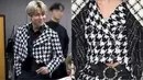 Jimin mengenakan blazer houndstooth dipadukan dengan kemeja hitam sebagai inner. Rambut greynya membuatnya tampil stuning. Dok. Facebook @diminienetwork