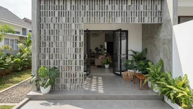 Model Teras Rumah dengan Roster Vertikal untuk Privasi Maksimal