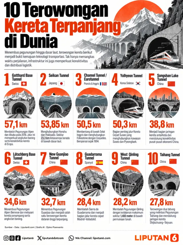 Infografis 10 Terowongan Kereta Terpanjang di Dunia.