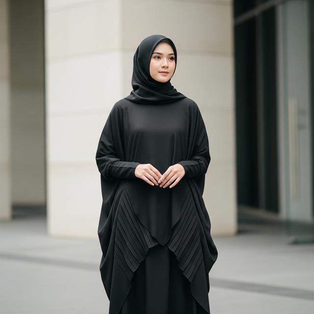2. Gamis Hitam Kombinasi Plisket