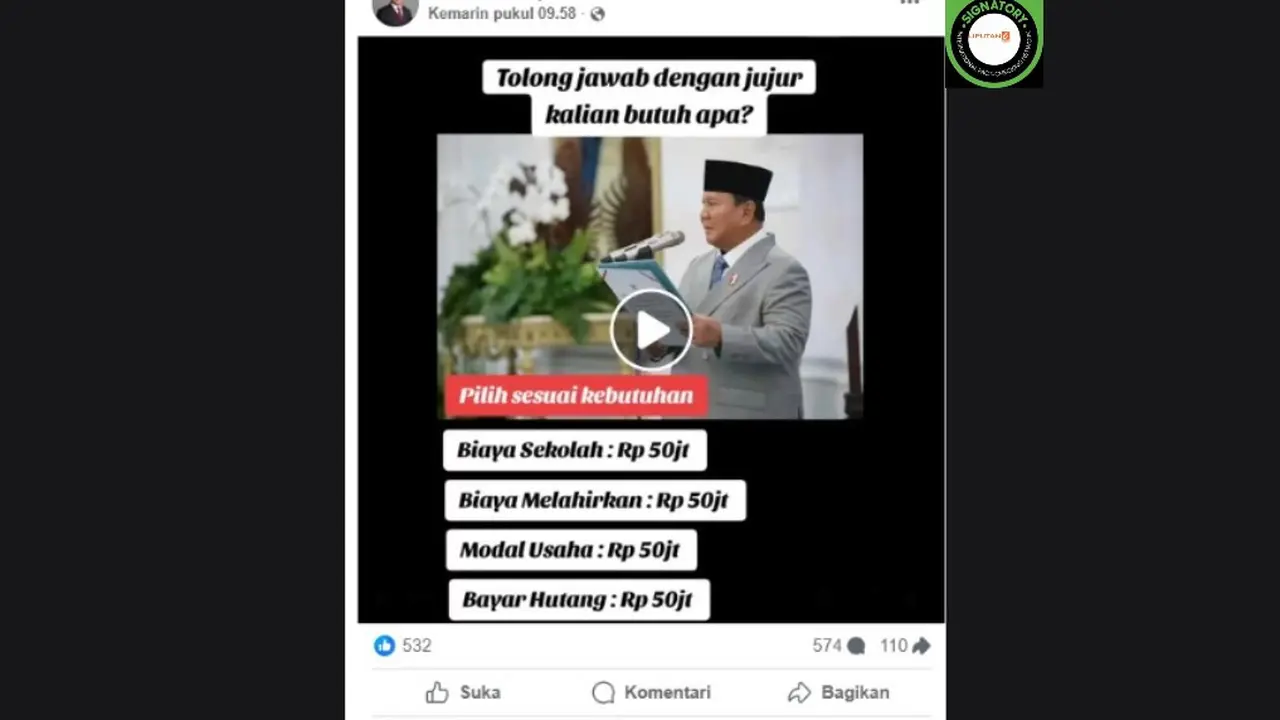 Cek Fakta Liputan6.com mendapati klaim video Presiden Prabowo Subianto mengumumkan pemberian bantuan Rp 50 juta untuk rakyat Indonesia.
