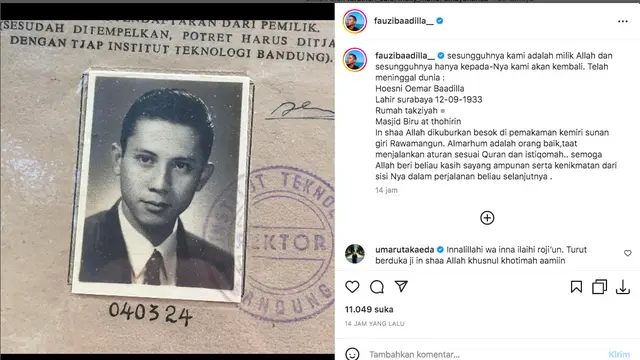 Ayah Fauzi Baadilla yaitu Hoesni Oemar Baadilla, meninggal dunia pada Senin (6/3/2023). (instagram.com/fauzibaadilla_)