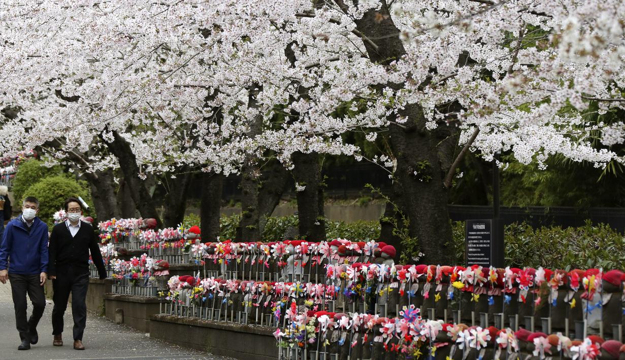 Orang-orang yang memakai masker berjalan-jalan di bawah bunga sakura yang mekar penuh di Kuil Zojoji, Tokyo, Jepang, Selasa (29/3/2022). (AP Photo/Koji Sasahara)