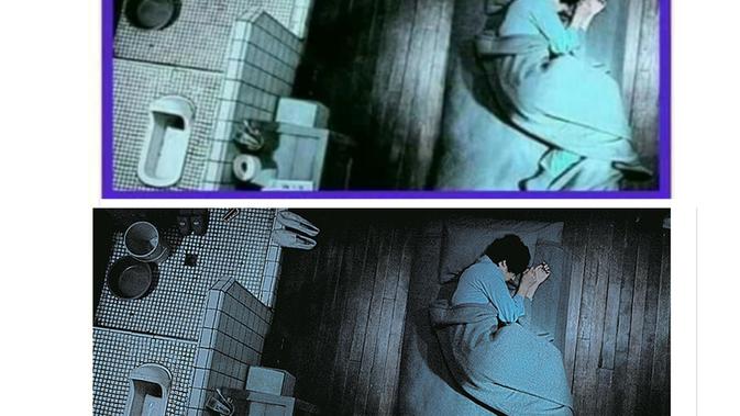 Foto yang diklaim eks Presiden Korea Selatan meringkuk di penjara Park Geun-hye (atas) dan tangkapan layar dari situs cine21.com yang menggambarkan adegan film 'Mother' yang rilis tahun 2009 (bawah).