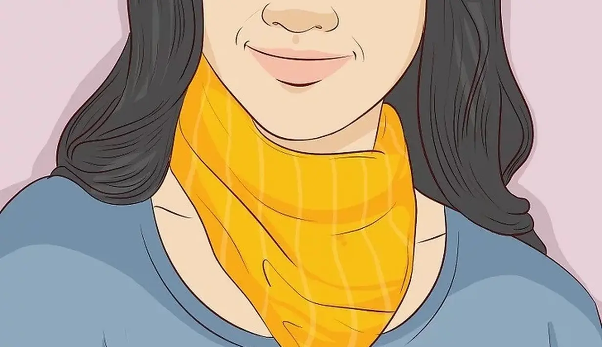 Tampilan yang satu ini bisa didapatkan dengan melipat syal menjadi dua bagian sampai membentuk segitiga, gulung tepi atas ke atas, sehingga ada bagian ujung yang mencuat dari bawah. Lilitkan syal di leher dan letakkan bentuk segitiga di depan.  Foto: Wikihow.