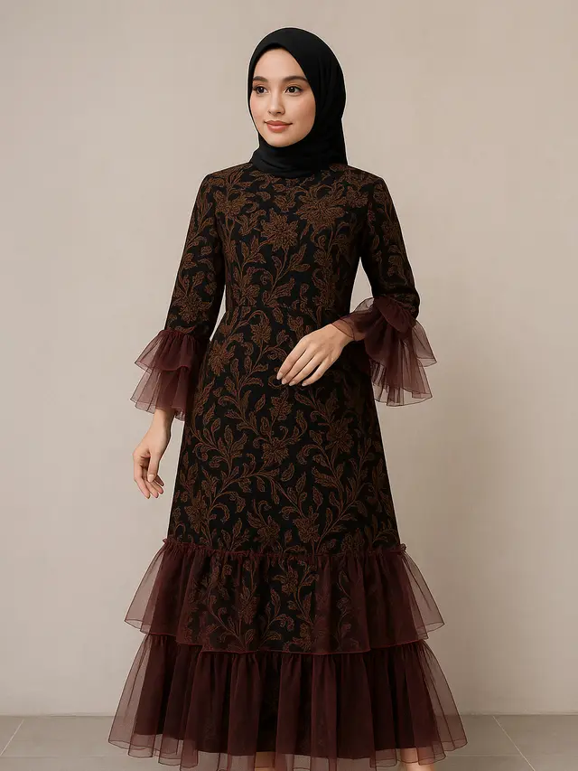 Model Gamis Batik Kombinasi Tulle Transparan