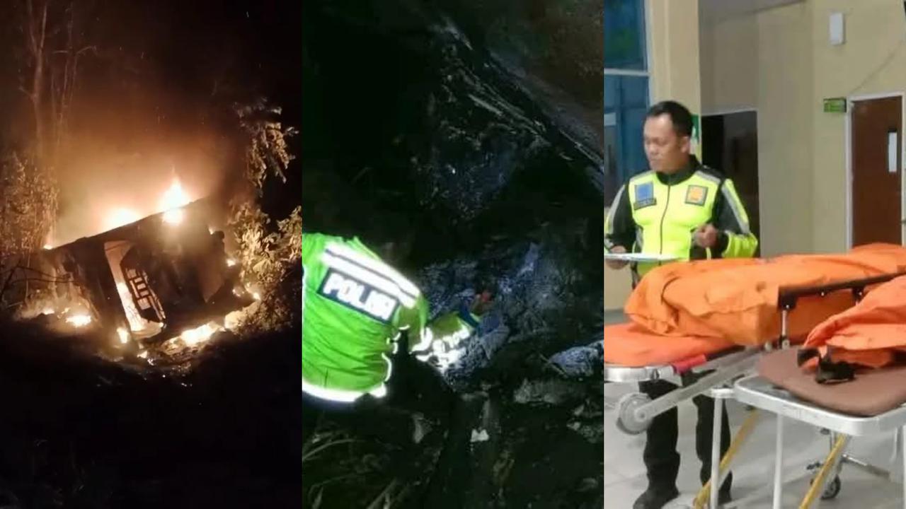 Tak kuat menanjak, sebuah bus terjung ke jurang dan terbakar di Pesisir Barat, Lampung,  3 orang dinyatakan tewas. Foto : (Istimewa).