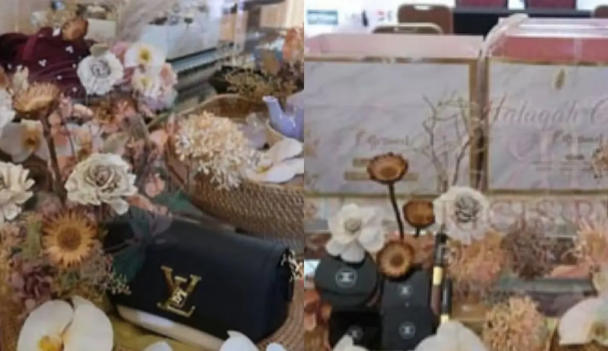 Ria Ricis pun mendapatkan seserahan berupa tas Louis Vuitton hitam hingga seperangkat alat makeup dari Chanel. (Kapanlagi.com).