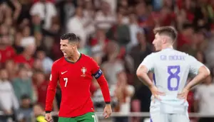 Cristiano sukses menjadi pahlawan Portugal saat menumbangkan Skotlandia dalam laga UEFA Nations League 2024/2025 yang digelar di Estadio da Luz, Lisbon pada Senin (9/9/2024) dimi hari WIB. (AFP/Patricia De Melo Moreira)