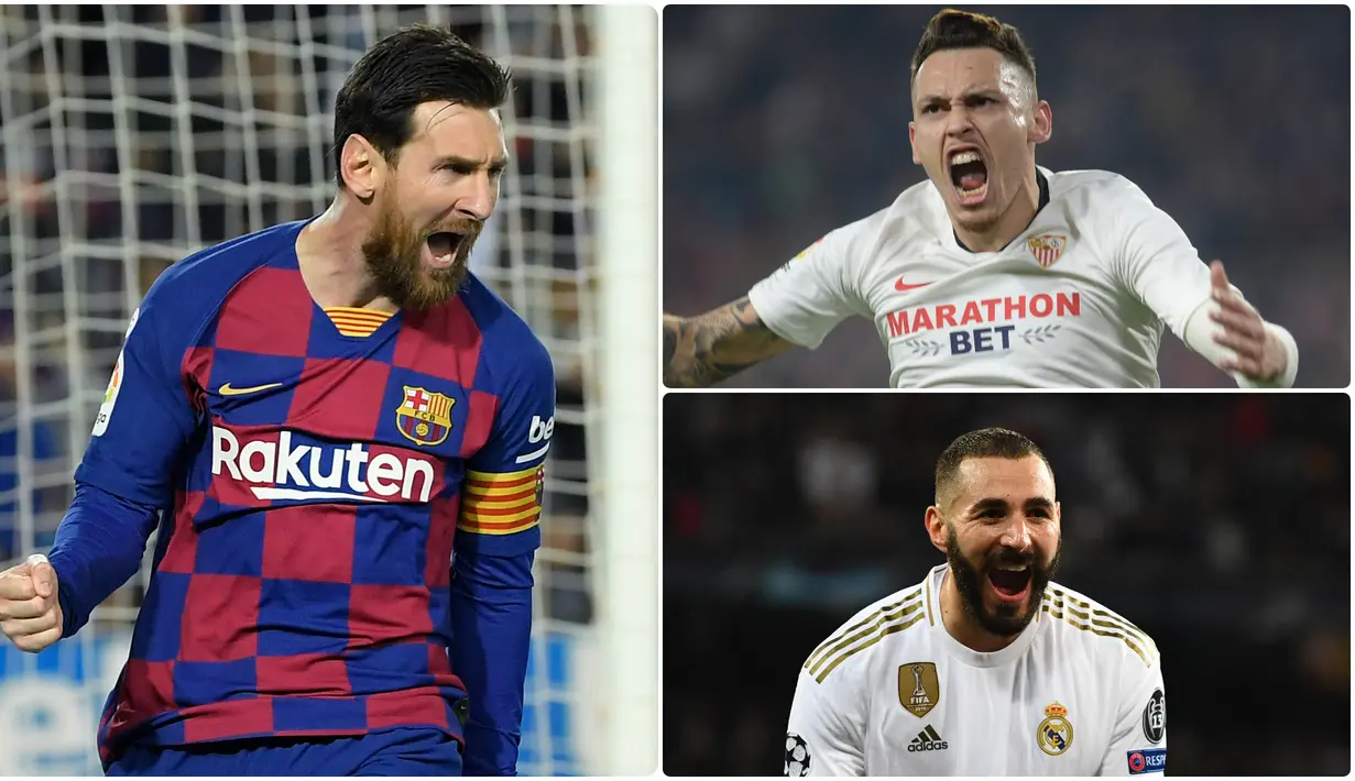 Raihan gol Lionel Messi masih belum tertandingi meski ia tidak mencetak gol di laga pekan ke-30 saat Barcelona melawan Sevilla. Sementara Karim Benzema yang tampil produktif bersama Real Madrid mulai menambah jumlah golnya. Berikut top skor sementara Liga Spanyol. (kolase foto AFP)