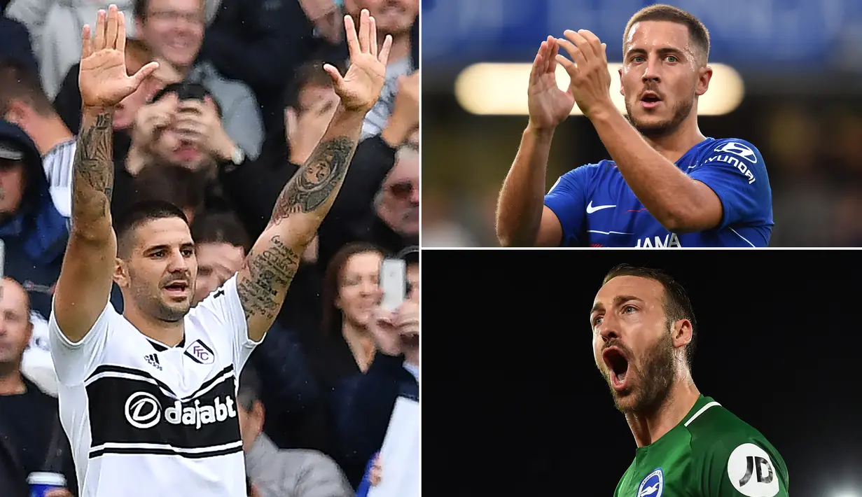 Striker Fulham, Aleksandar Mitrovic, bersama gelandang Chelsea, Eden Hazard, menjadi pimpinan sementara daftar pencetak gol terbanyak Liga Inggris. Berikut top scorer Premier league hingga pekan keenam. (Kolase foto-foto AFP)