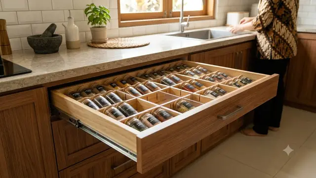 Ide Dapur dengan Rak Piring Tarik dan Tempat Bumbu Tersembunyi
