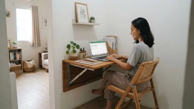 Ruang Kerja di Rumah dengan Meja Menempel Pada Dinding