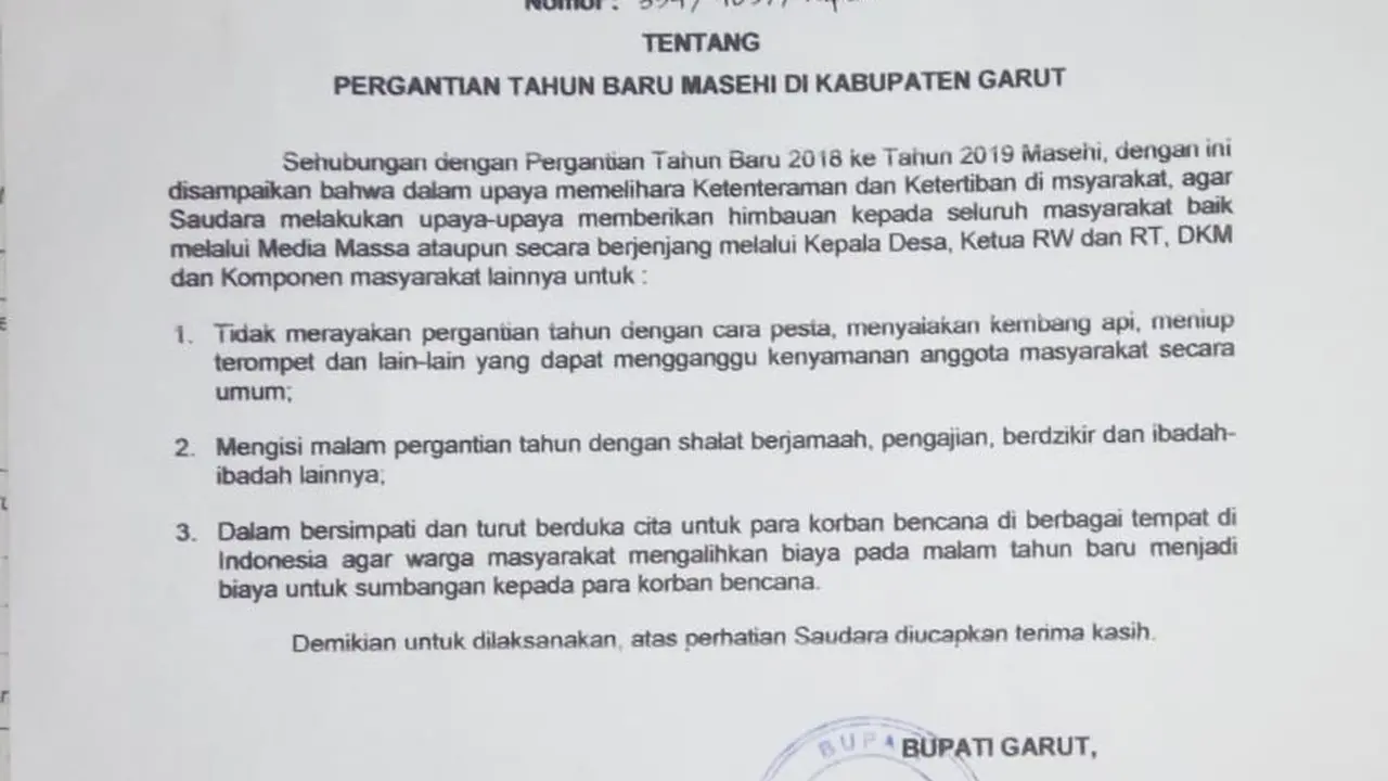 Surat himbaua Pemda Garut Menjelang Pergantian Tahun