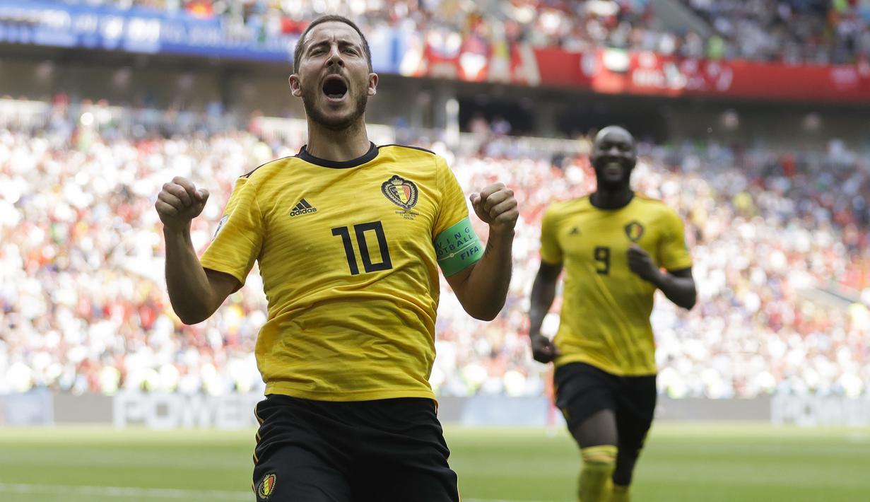 Gelandang Belgia, Eden Hazard, merayakan gol yang dicetaknya ke gawang Tunisia pada laga grup G Piala Dunia di Stadion Spartak, Moskow, Sabtu (23/6/2018). Belgia menang 5-2 atas Tunisia. (AP/Matthias Schrader)