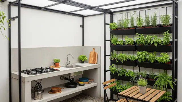 Dapur Kecil Semi Outdoor dengan Rangka Baja Ringan dan Tanaman Hias