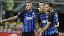 Para pemain Inter Milan merayakan gol Ivan Perisic saat melawan Fiorentina pada laga Serie A di San Siro stadium, Milan (20/8/2017). Inter menang 3-0. (AP/Antonio Calanni)