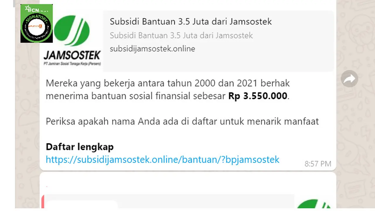 Cek Fakta Liputan6.com menelusuri informasi pendaftaran bantuan sosial untuk pekerja dari Jamsostek sebesar Rp 3,5 juta