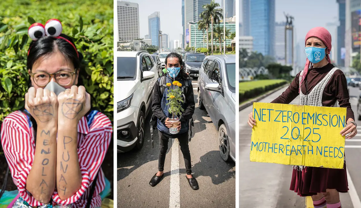 Foto kombinasi menunjukkan sejumlah aktivis lingkungan hidup saat menggelar aksi serempak Joget Jagat: Diam Berarti Tenggelam di kawasan Jalan Mh. Thamrin, Jakarta, Kamis (22/4/2021). Aksi tersebut untuk memperingati Hari Bumi. (Liputan6.com/Faizal Fanani)