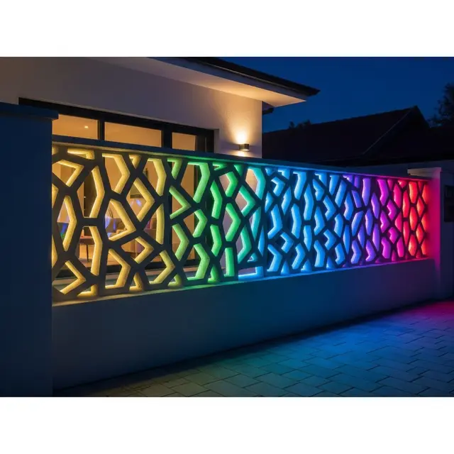 Pagar Cor Beton dengan Motif Geometris dan LED Strip