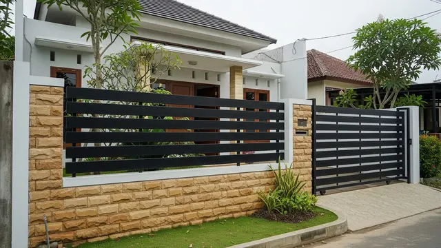 Pagar Besi Hollow Horizontal dengan Batu Alam Susun Sirih