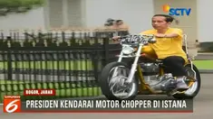 Presiden Joko Widodo mengendarai motornya menuju halaman Istana sekaligus bertemu dengan Menteri Perindustrian Airlangga Hartarto.