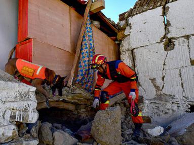 Seorang petugas penyelamat bersama dengan anjing pelacak mencari korban selamat di sebuah rumah setelah gempa bumi di kota Cuoguo, Shigatse, wilayah Tibet, Tiongkok barat daya pada tanggal 8 Januari 2025. (CNS/AFP/China OUT)