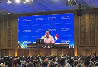 Presiden Prabowo Subianto saat menghadiri Sarasehan Kebangsaan 2.600 Rektor/Dekan/Dosen PTN & PTS Seluruh Indonesia bertema “Strategi Kemandirian Ekonomi dan Kesejahteraan Indonesia” di Jakarta Convention Center, Jakarta Pusat, Minggu (28/6/2026). (Winda Nelfira/Liputan6.com)