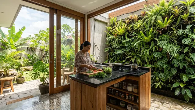 Dapur Gaya Tropis Modern Berdinding Taman Vertikal