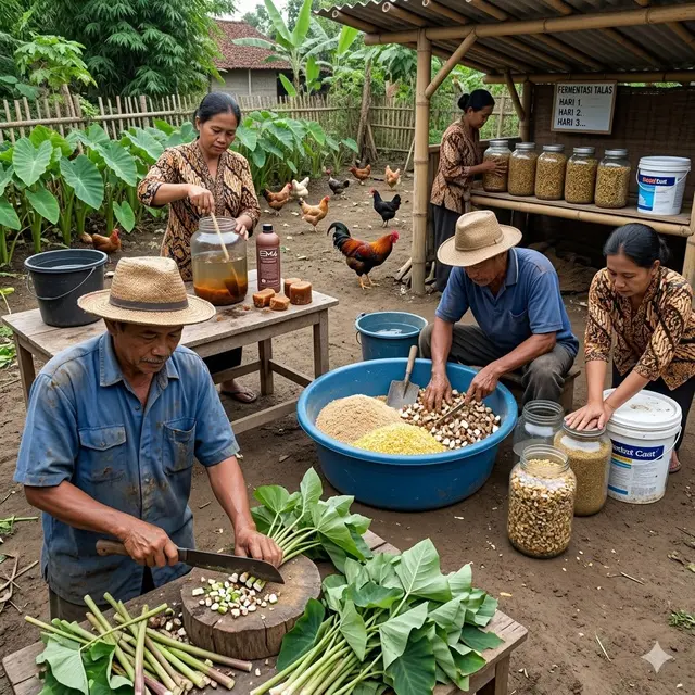 Fermentasi Talas Liar di Halaman untuk Pakan Ternak Ayam Kampung